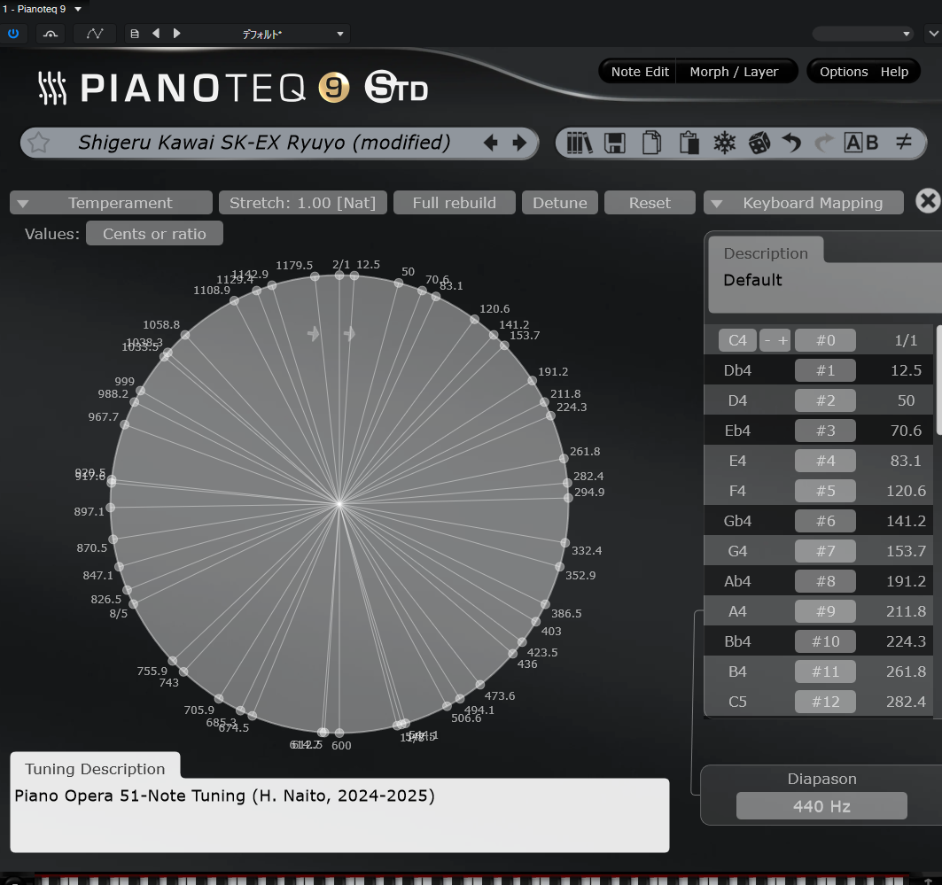Piano Opera 51-Note Tuning loaded in Pianoteq 9 — circular pitch visualization